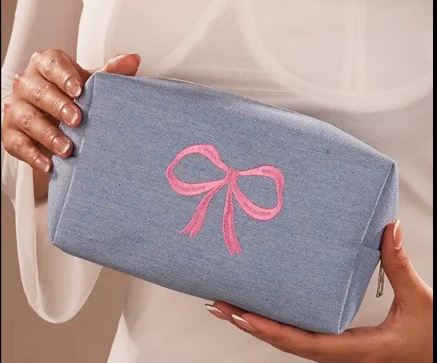 Pink Bow Embroidered Denim Makeup