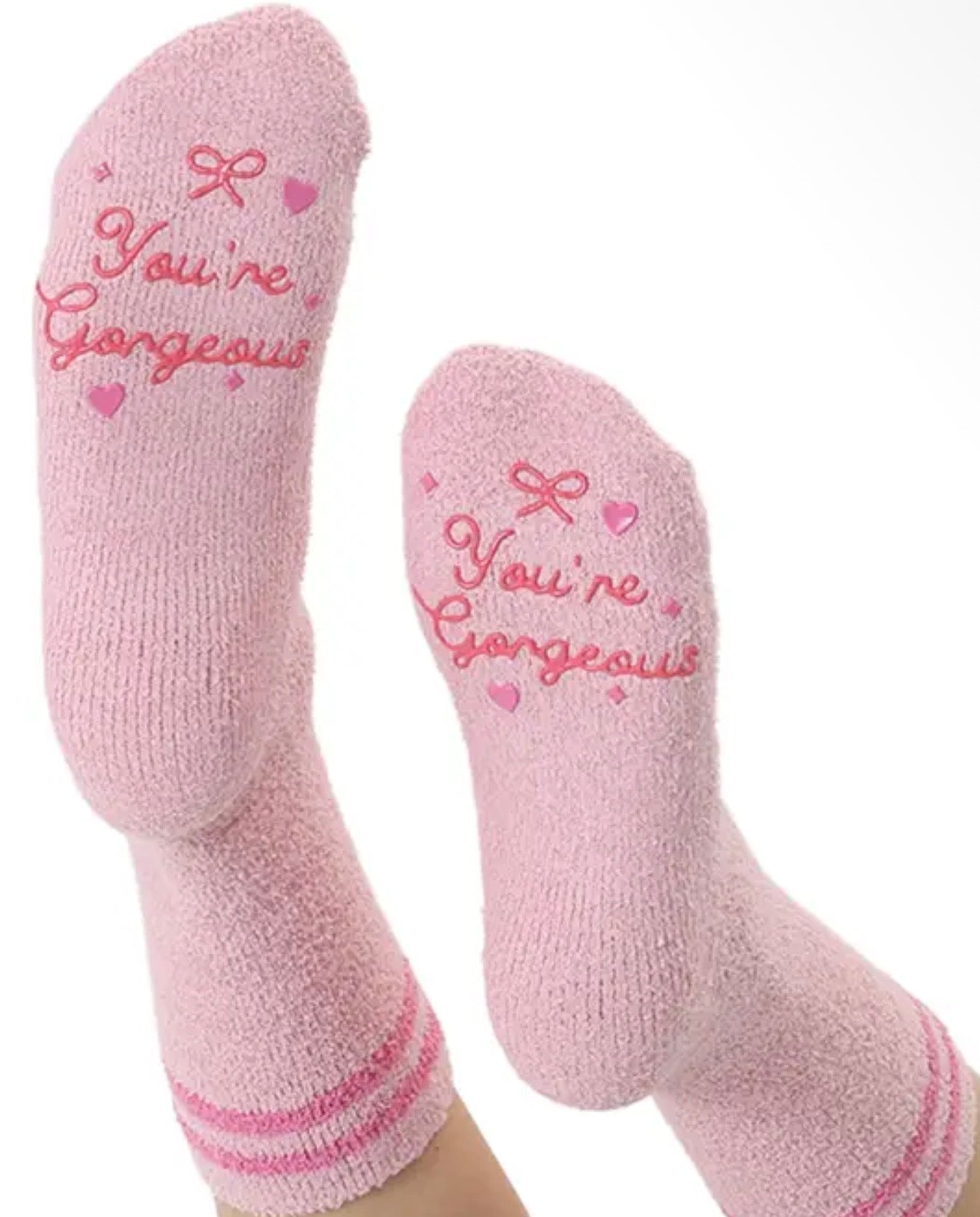 Fuzzy Crew Socks w/ Bottom Grip Phrase - "You're Gorgeous"