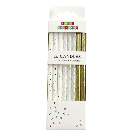 Gold & White Glitter Candles 16 Candle Set