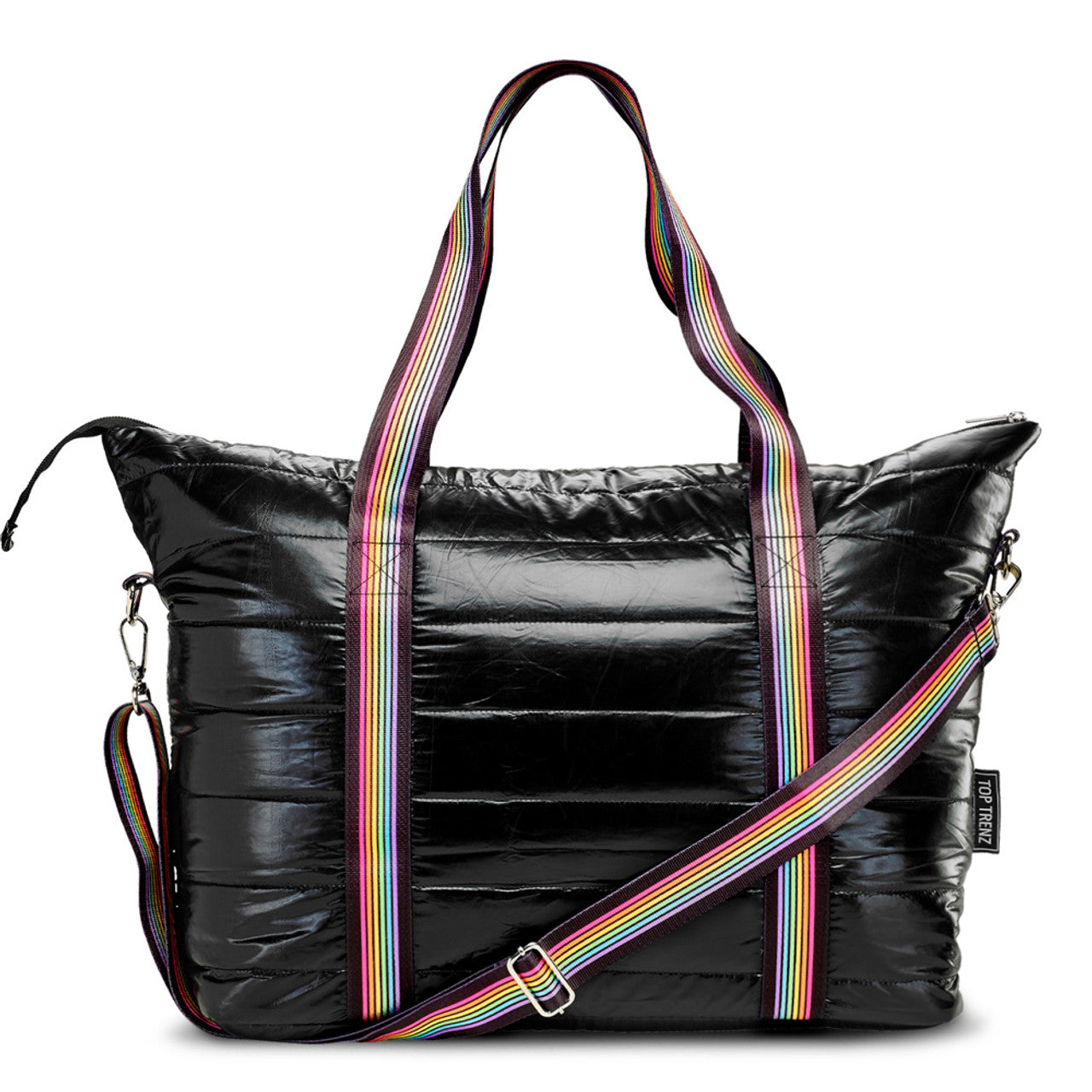 Black Puffer Tote Rainbow stripe
