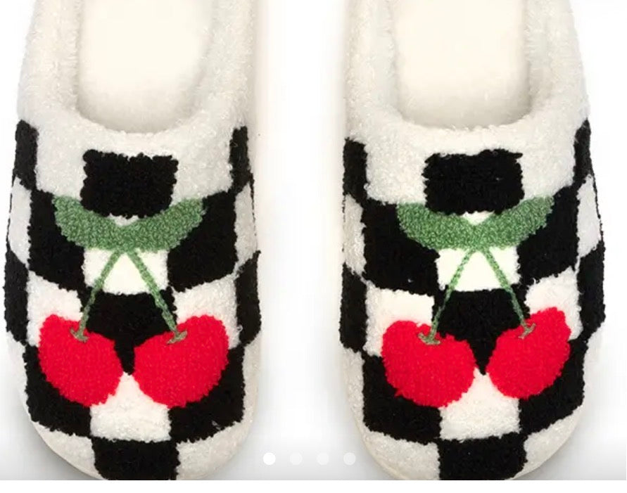 Slippers-Black & White Checkered W/Cherries