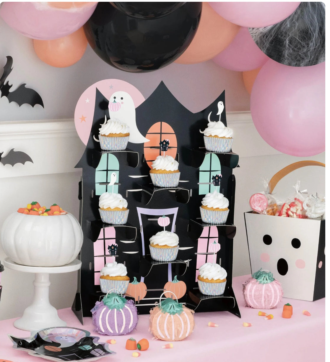 Haunted House Cupcake Stand - Pink Halloween Party Supplies, Ghost Party Decorations, Haunted House Party Decor, Boo Birthday, Treat Stand