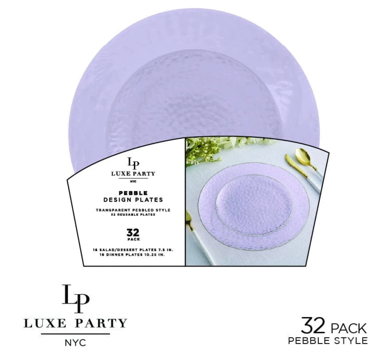 Solid Lavender Pebble Plate and Gold Plastic Plates Set | 32 Pack