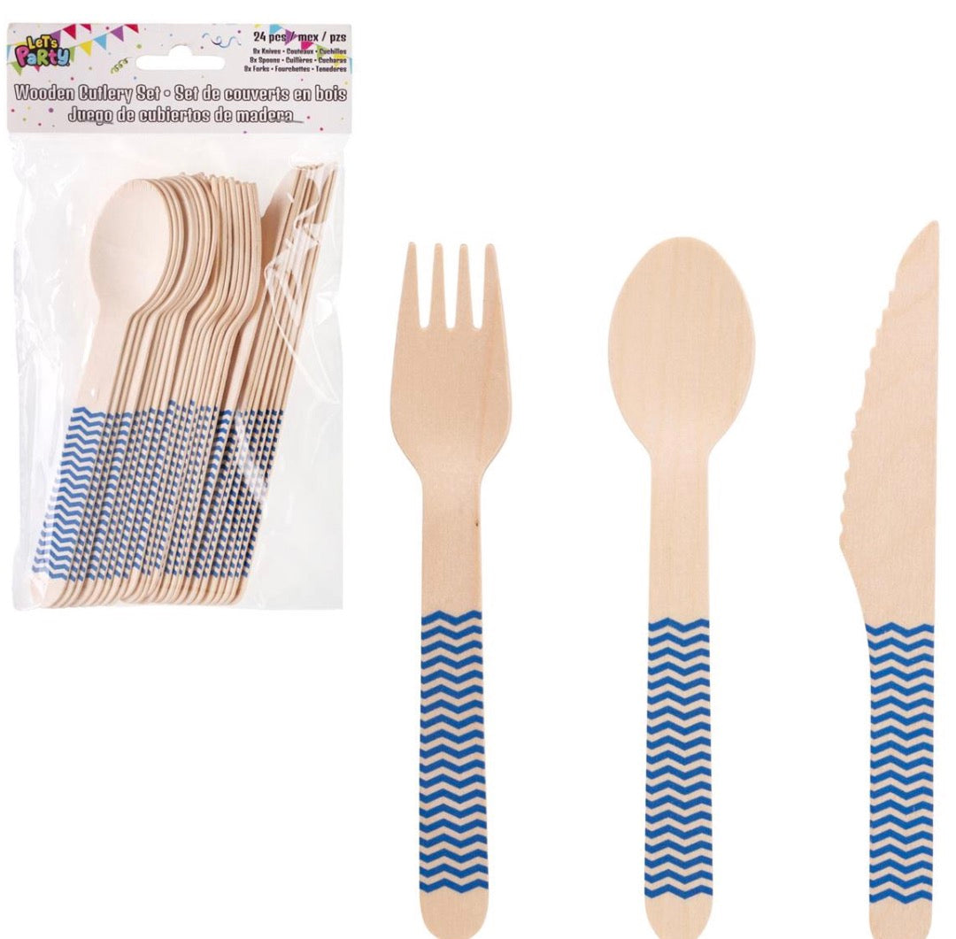 Let's Party 24pcs. Wooden Cutlery set. Blue, PBH