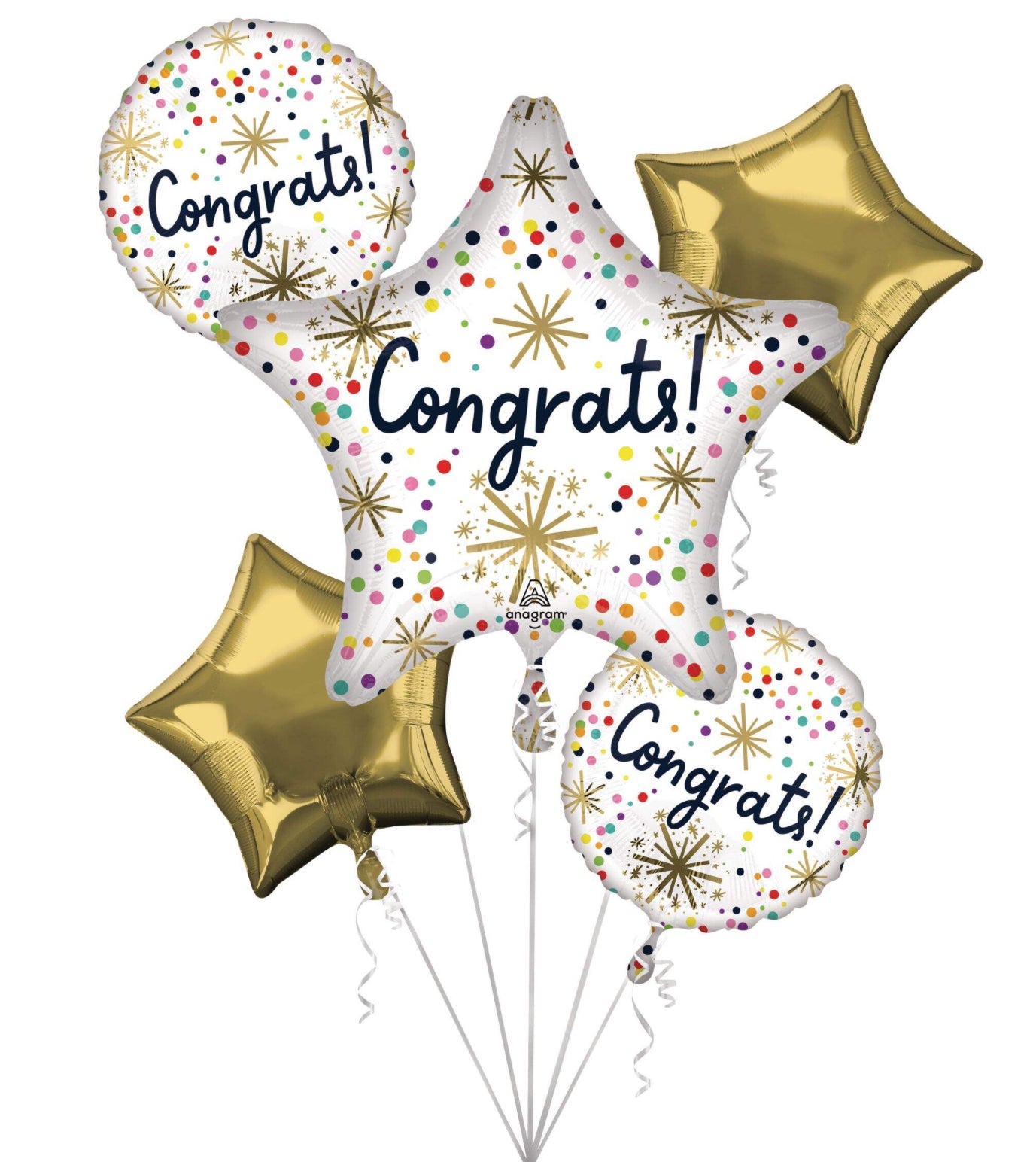 "Congrats" Star/Round Satin Foil Balloon Bouquet, Gold/White, Polka Dot, 5-pk, Helium Inflation & Ribbon Included