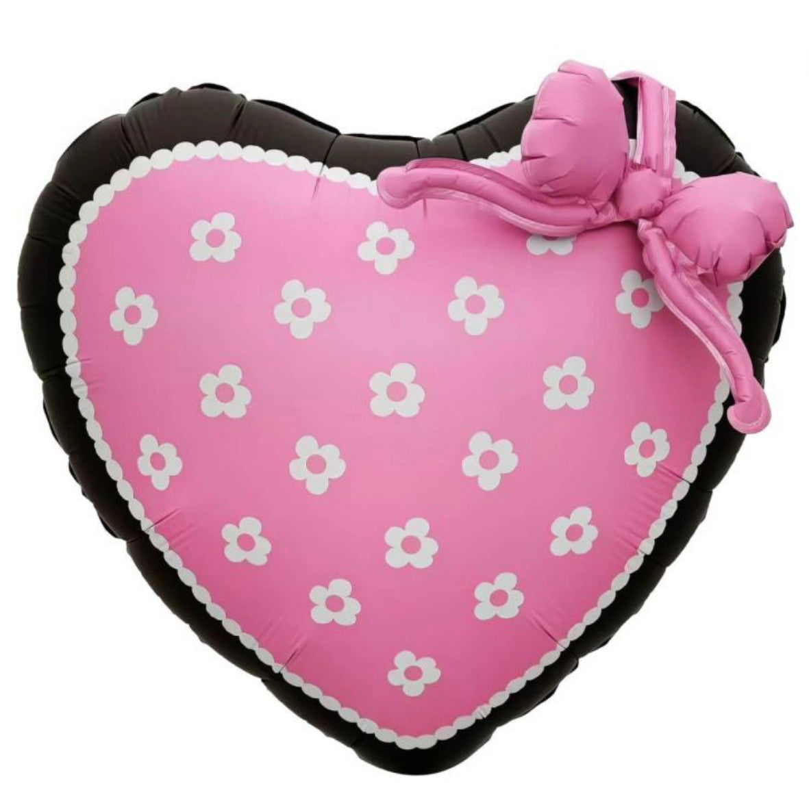 22" Black Trim Pink Floral Heart with Pink Bow Balloon