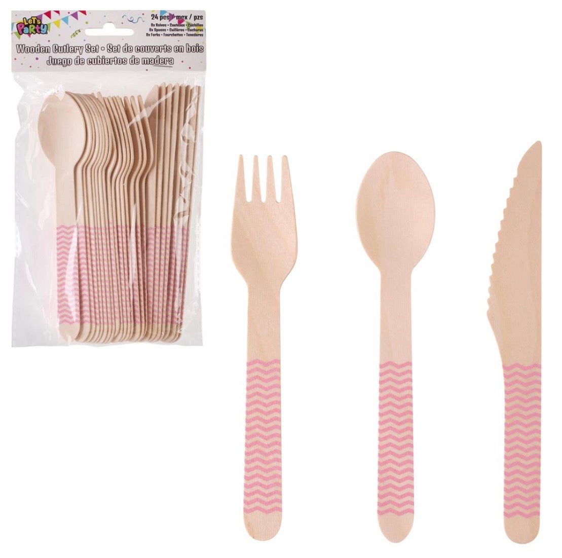 Let's Party 24pcs. Wooden Cutlery set. Baby Pink, PBH