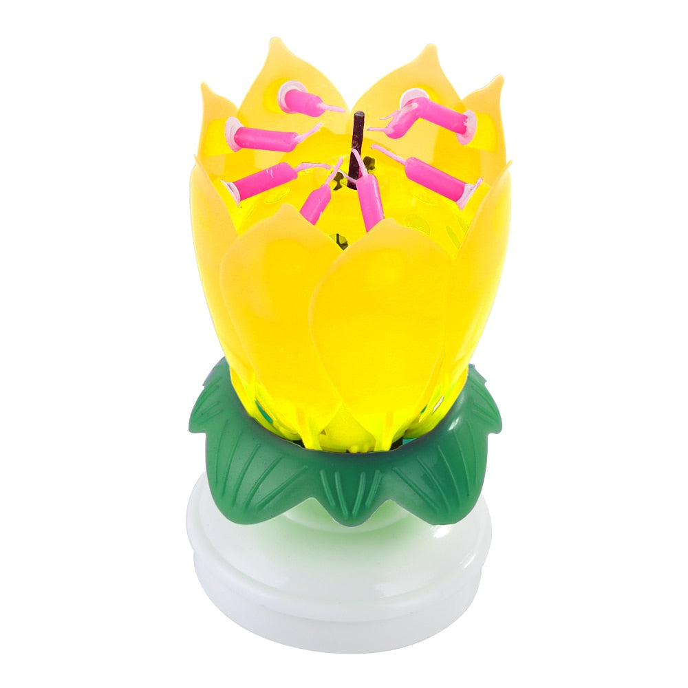 Six Colors Magic Cake Birthday Lotus Flower Candle Blossom Musical Rotating Decoration