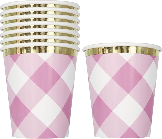 Pink Gingham Paper Cups 9 Ounces