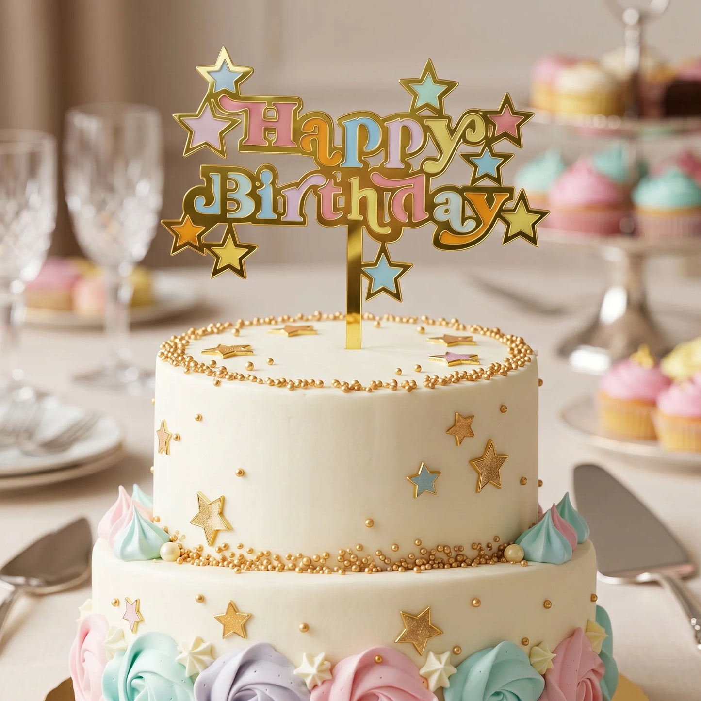 Cake Topper Gold with Multi Colour Stars