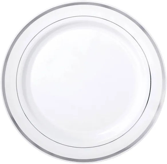 Premium Plastic Dinner Plates 10 pcs White and Silver