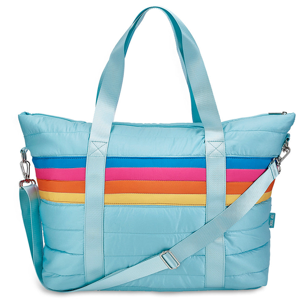 Blue Retro Stripes Puffer Weekender Tote Bag