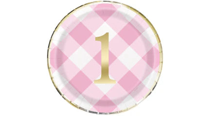 Pink gingham first birthday Dinner Plates