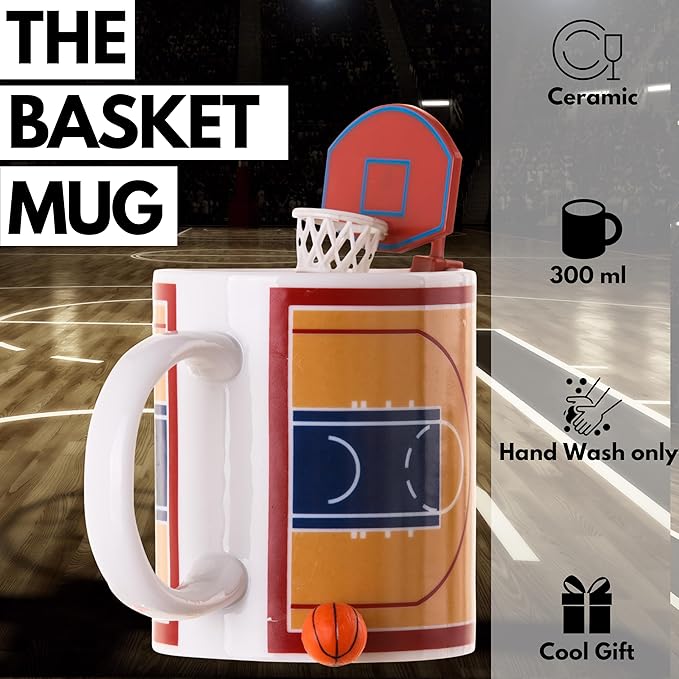 Winkee - Basketball Coffee Cup with Basket and Ball | Sports Cup for Basketball Fans I Play While Drinking Coffee