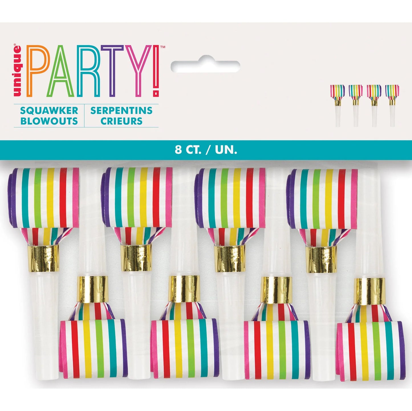 8 Rainbow Striped Squawker Blowouts 3.5in Unrolled