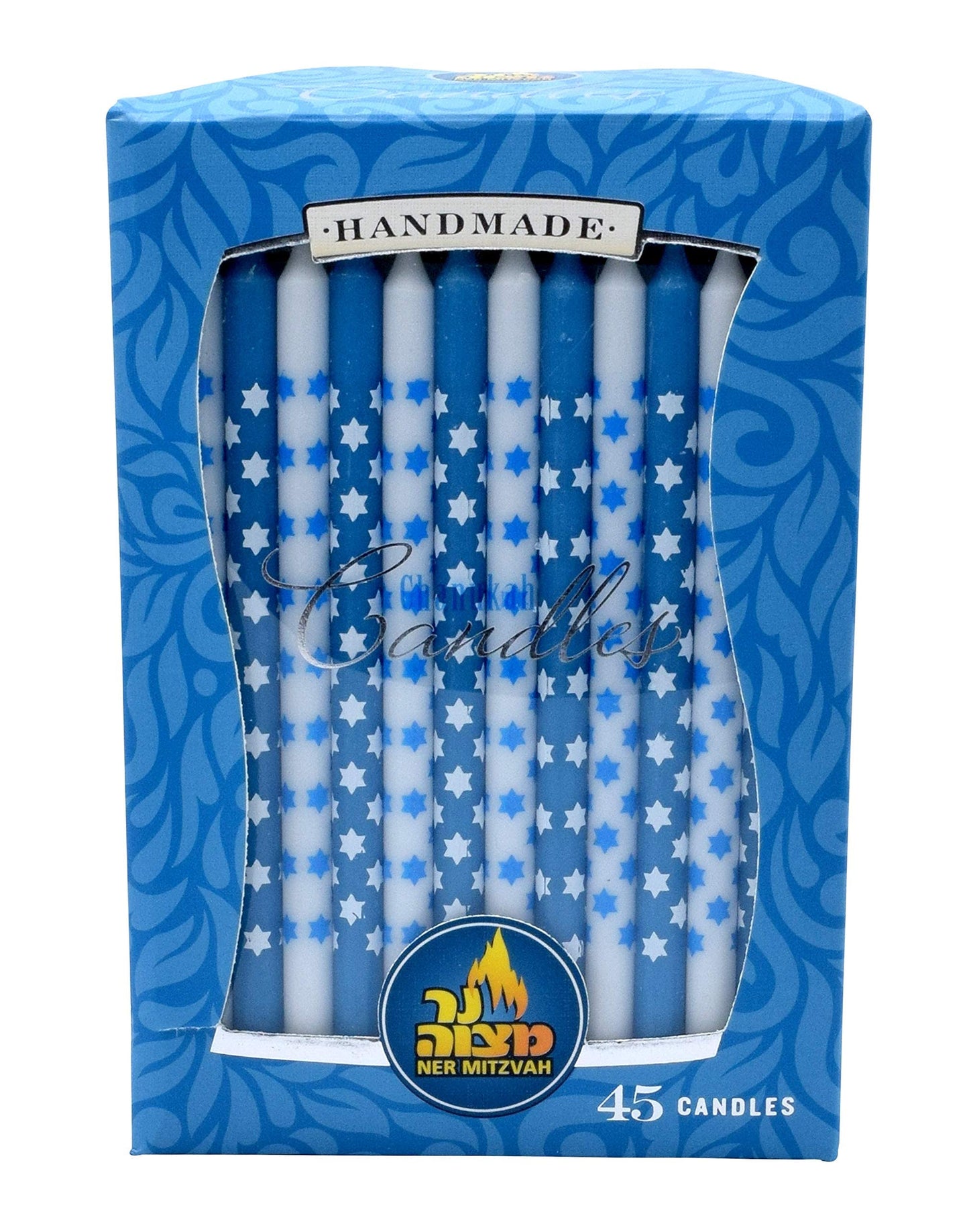 Dripless Chanukah Candles Standard Size - Star Decorated Blue & White Hanukkah Candles Fits Most Menorahs