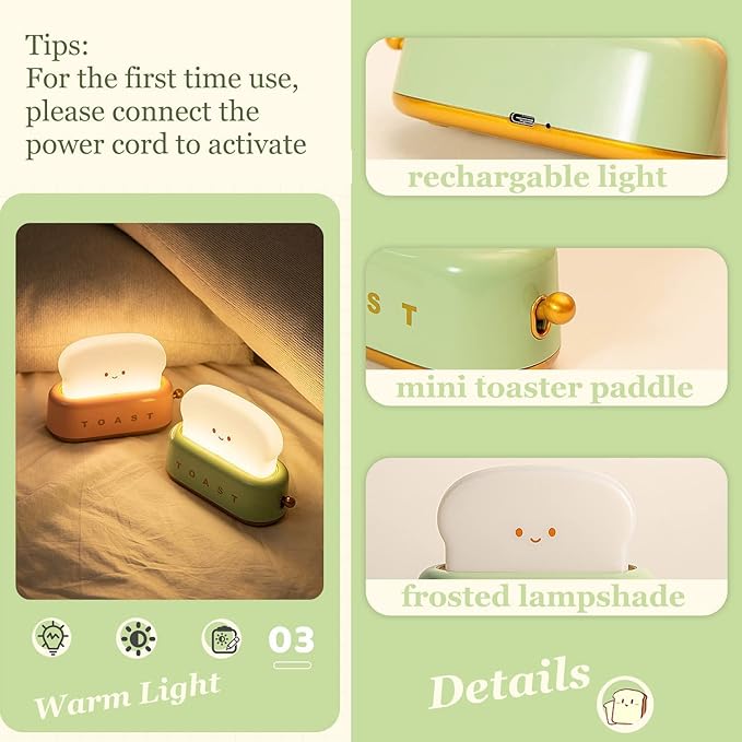 Cute Toast Night Light, LED Dimmable Bread Light with Timer, Sleep Lamp for Bedside Decorations