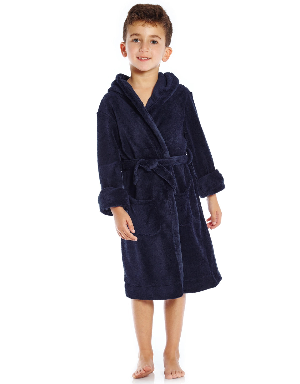 Kids Fleece Hooded Robe Solid Color - NAVY