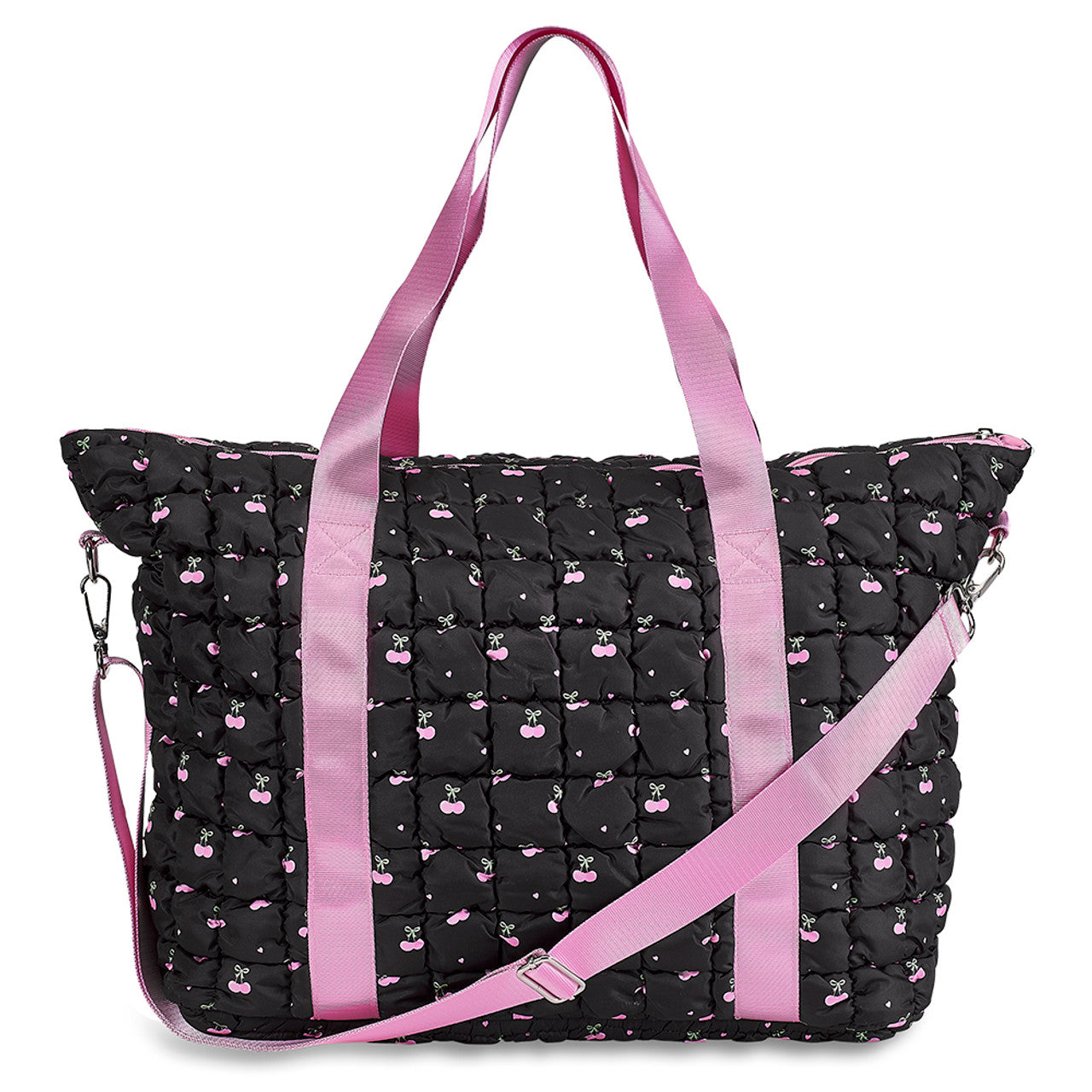 Black Scrunchie Puffer Tote Cherry Pattern