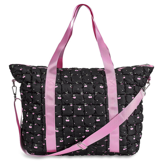 Black Scrunchie Puffer Tote Cherry Pattern