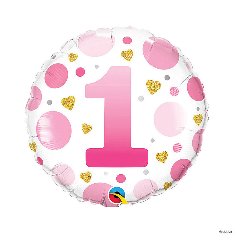 1st Birthday Baby Girl Hearts and Dots Balloon
