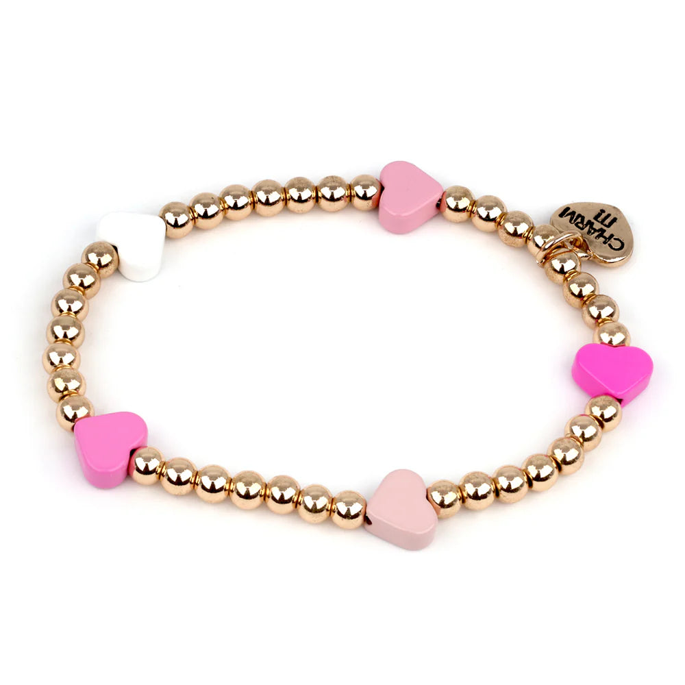 Charm It! Gold Pink Heart Stretch Bead Bracelet