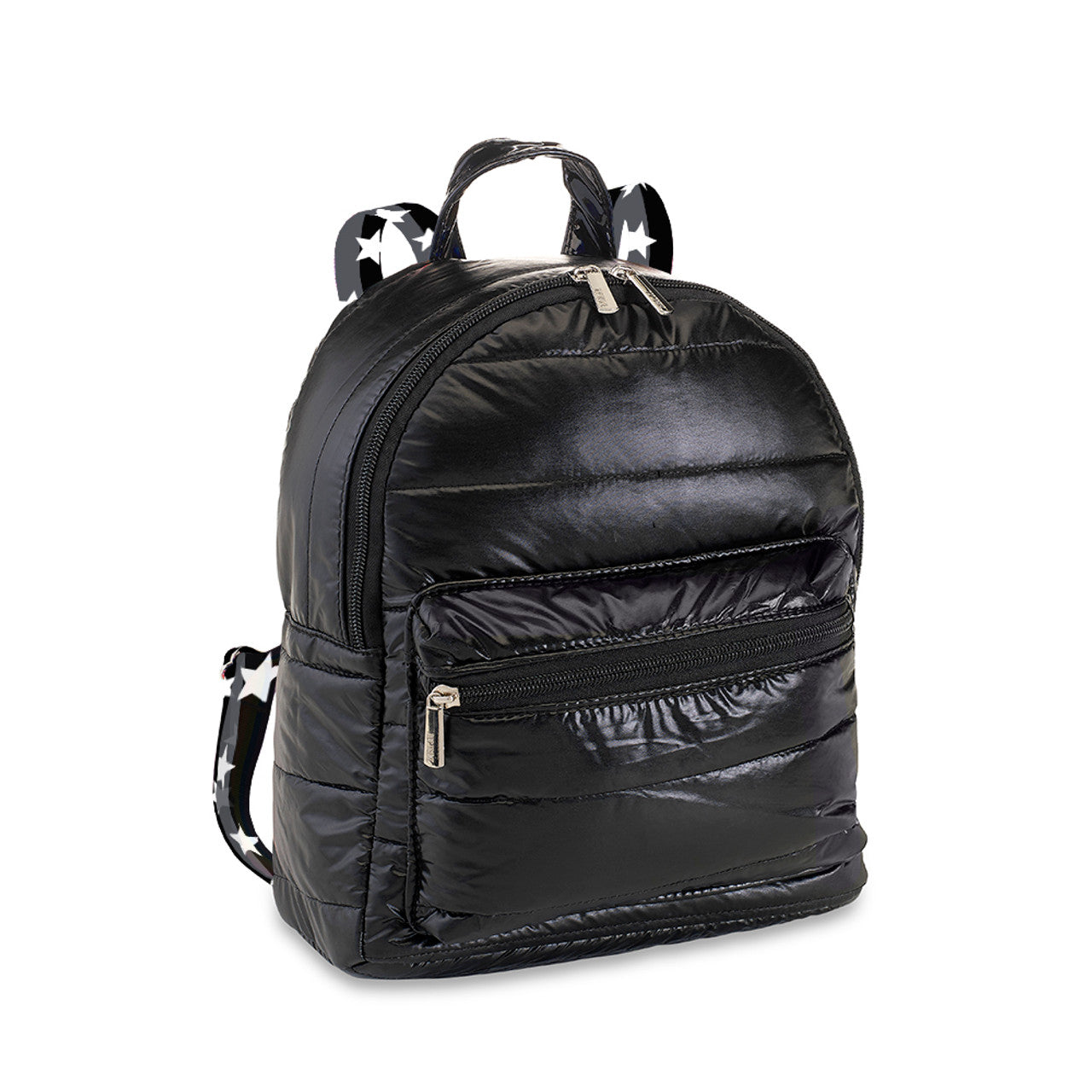 Black Puffer Mini Backpack Grey Split Star Straps Top Trenz