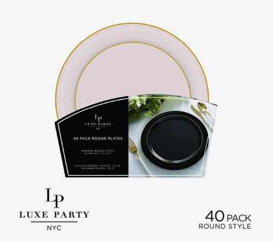 Round linen and gold plastic plates set of 40