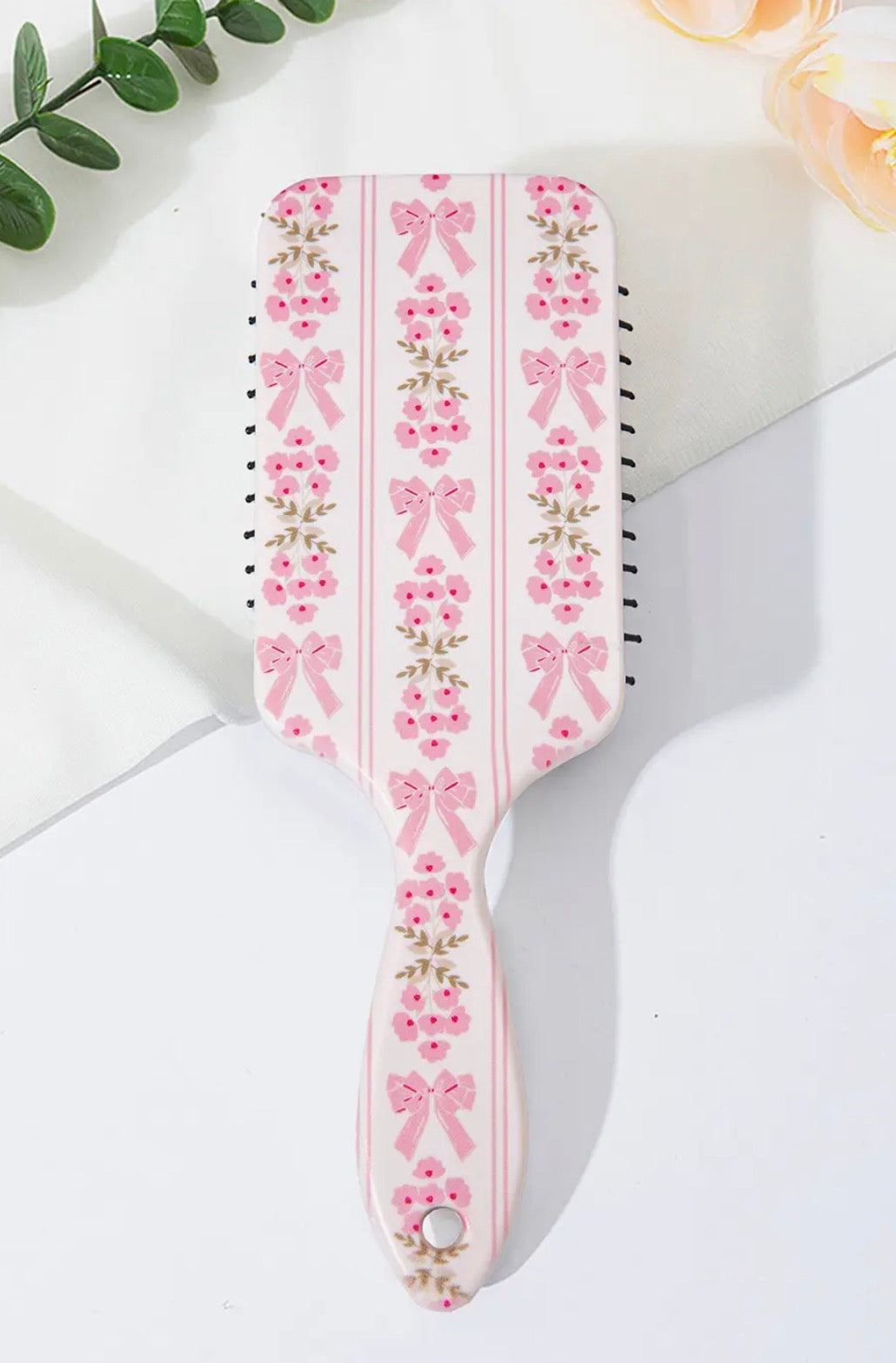 Floral Bow Print Long Handle Air Cushion Comb | Pink
