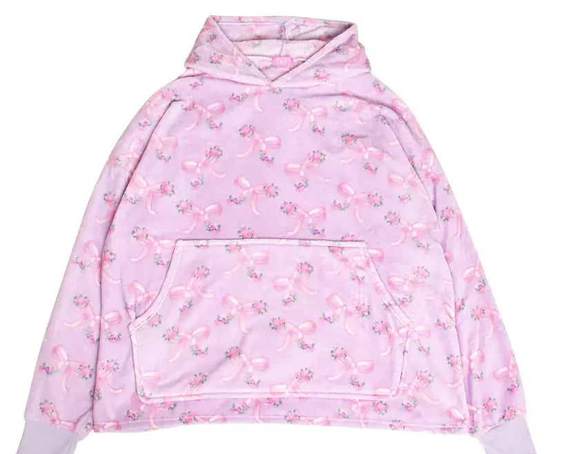 Fleece Printed Pullover Oversized Blanket Hoodie - PURPLE BOW