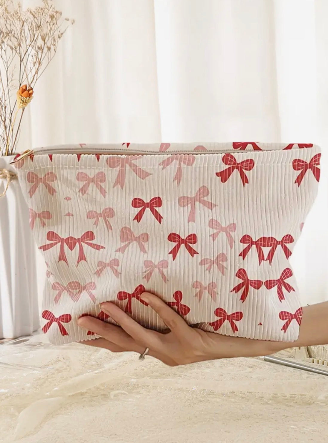 Bows Print Zipped Corduroy Makeup Storage Bag | Fiery
Red