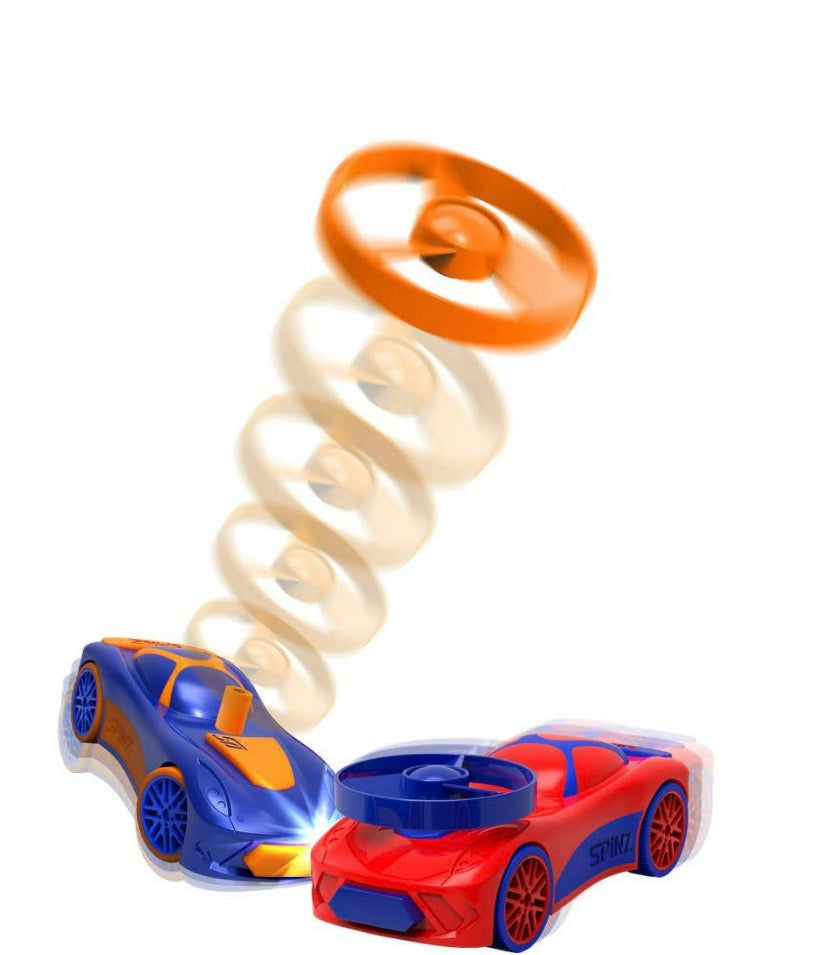 Spinz 2 Pack Race Cars with Flying Disc Launchers, Pull Back Bumper Toy Racer, Kids, Boys, Girls Gift, Blue/Red & Blue/Yellow, Ages 3+
