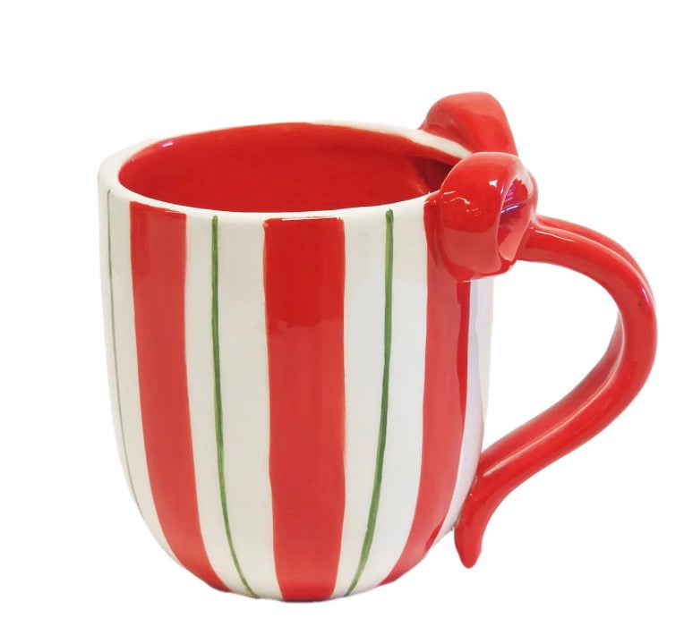 Holiday Striped Bow Handle Mug Red