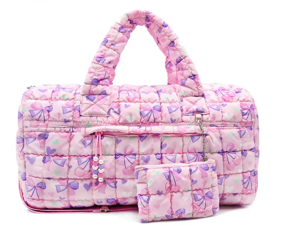 Quilted scrunchies cherry bow printed large duffle bag