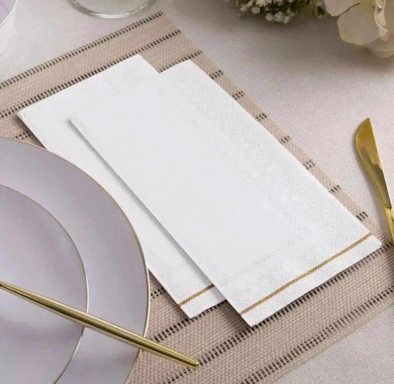 White with Gold Stripe Guest Paper Dinner Napkins | 16 Napkins