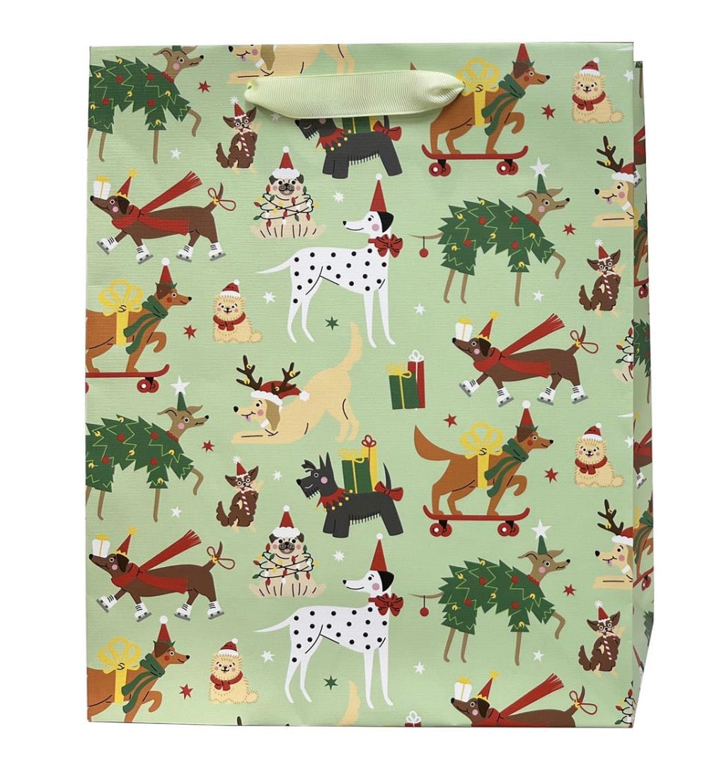 Paper T. Xmas Gift Bag, Festive Dogs, Large, Matte/Emb, j-hook+tag, 10.25"x12.6"x4.7", 157gsm
