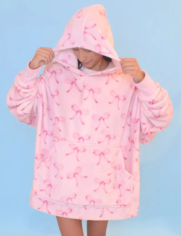 Fleece Printed Pullover Oversized Blanket Hoodie- BOW
