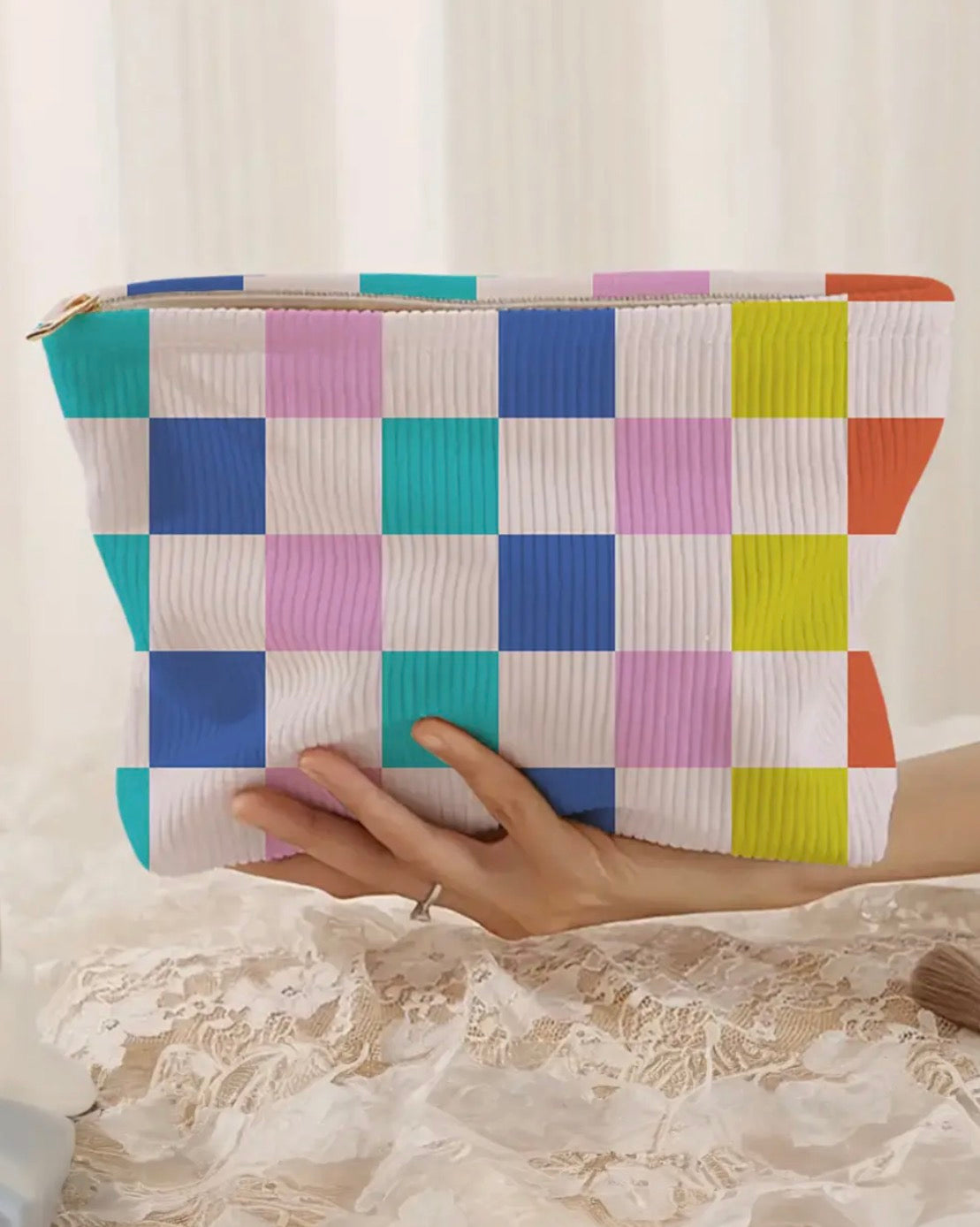Colorblock Checkered Zipper Corduroy Cosmetic Bag