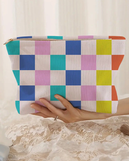 Colorblock Checkered Zipper Corduroy Cosmetic Bag