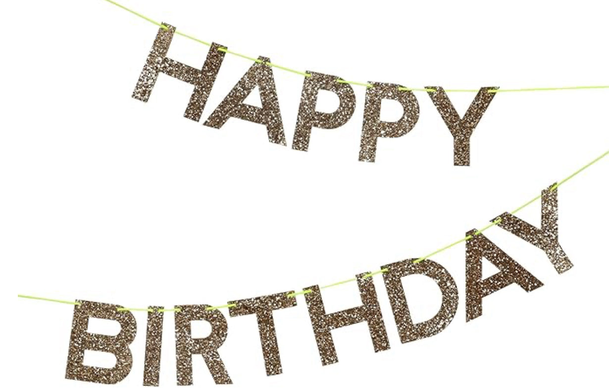 Meri Meri Gold Happy Birthday Banner (Pack of 1), 8' Birthday Party Banner with Excess Cord