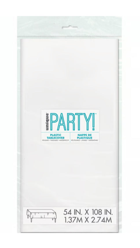 Unique 54" x 108" White Solid Rectangular Plastic Tablecover (1 ct)