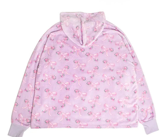 Fleece Printed Pullover Oversized Blanket Hoodie - PURPLE BOW