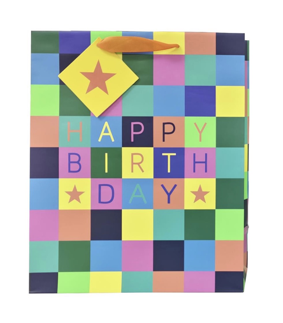 Paper T. Birthday Checkered Gift Bag, Large, 4C+Neon, 10.25x12.6x4.7"