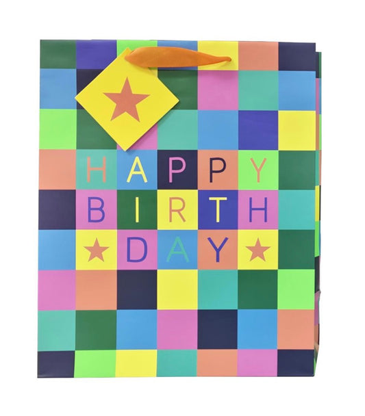 Paper T. Birthday Checkered Gift Bag, Large, 4C+Neon, 10.25x12.6x4.7"