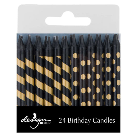 Black With Gold Stripes & Dots Birthday Candles