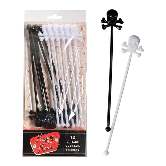 BLACK AND WHITE SKULL AND CROSSBONE RETRO COCKTAIL STIRRERS