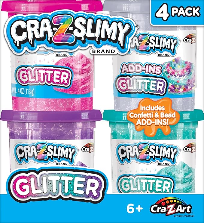 Cra-Z-Slimy 4 Pack Glitter Slime Set – Comes with 3 Colors of Pre-Made Glitter Slime and Glitter Add-Ins