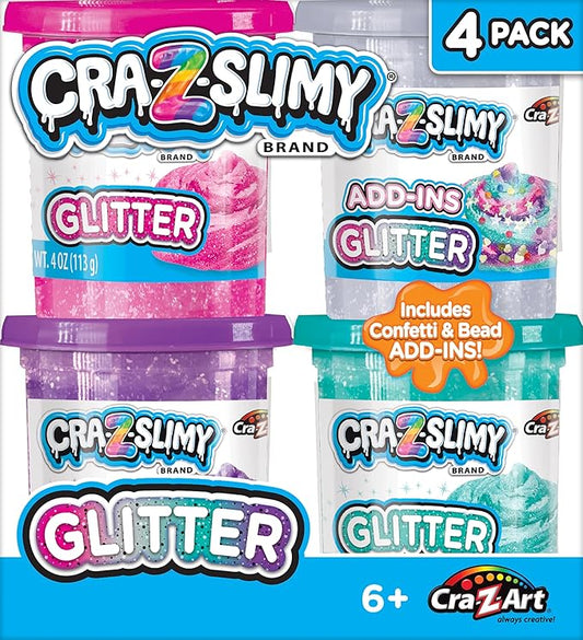Cra-Z-Slimy 4 Pack Glitter Slime Set – Comes with 3 Colors of Pre-Made Glitter Slime and Glitter Add-Ins