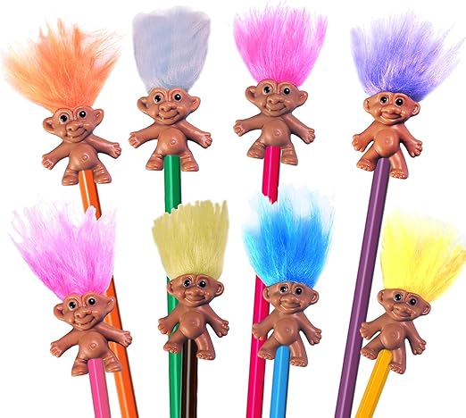 Mini Troll Pencil Toppers with Hair, Vintage Troll Dolls Pencil Topper