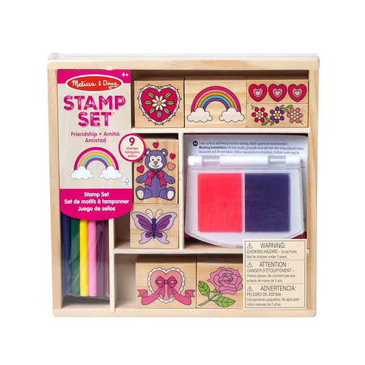 Wooden Stamp Set: Friendship - 9 Stamps, 5 Colored Pencils, and 2-Color Stamp Pad